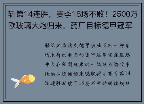 斩第14连胜，赛季18场不败！2500万欧玻璃大炮归来，药厂目标德甲冠军