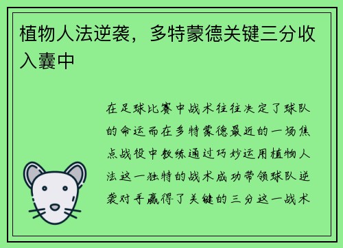 植物人法逆袭，多特蒙德关键三分收入囊中