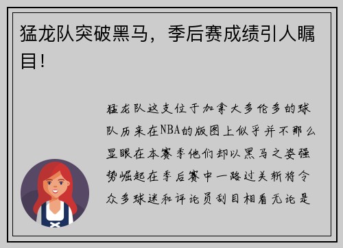 猛龙队突破黑马，季后赛成绩引人瞩目！