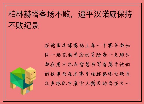 柏林赫塔客场不败，逼平汉诺威保持不败纪录