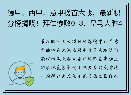 德甲、西甲、意甲榜首大战，最新积分榜揭晓！拜仁惨败0-3，皇马大胜4-0，国米力挫对手4-2