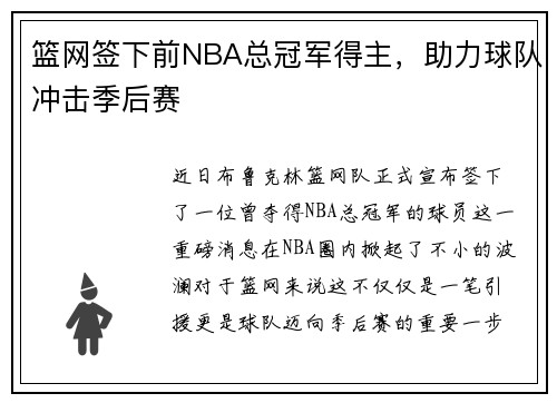 篮网签下前NBA总冠军得主，助力球队冲击季后赛