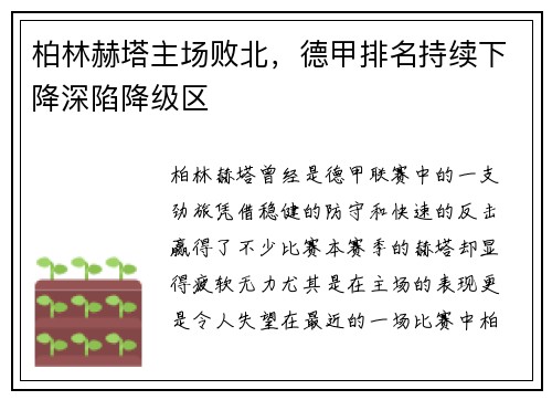柏林赫塔主场败北，德甲排名持续下降深陷降级区
