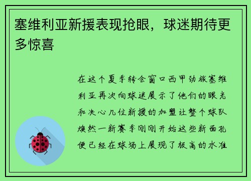 塞维利亚新援表现抢眼，球迷期待更多惊喜
