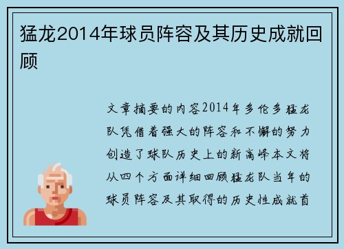 猛龙2014年球员阵容及其历史成就回顾