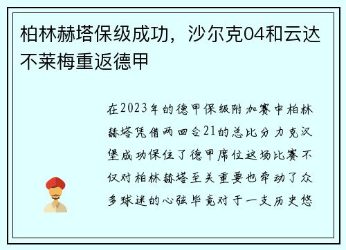 柏林赫塔保级成功，沙尔克04和云达不莱梅重返德甲