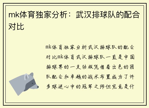 mk体育独家分析：武汉排球队的配合对比